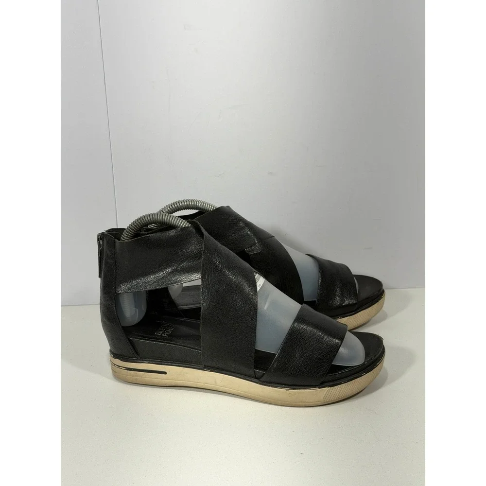 Eileen Fisher‎ Black Leather Crisscross Platform Sandals Back Zip Size 6.5
